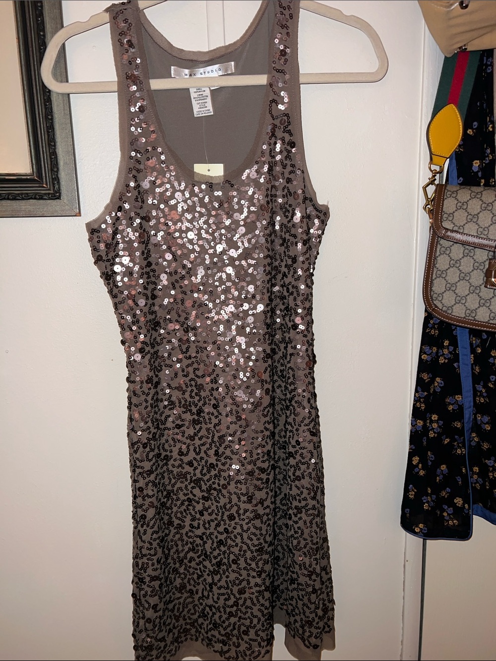 Max Studio Taupe Sequin Tank Mini Dress